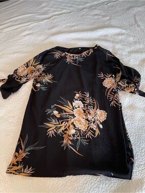 Black Floral Shift Dress with Peach Blooms